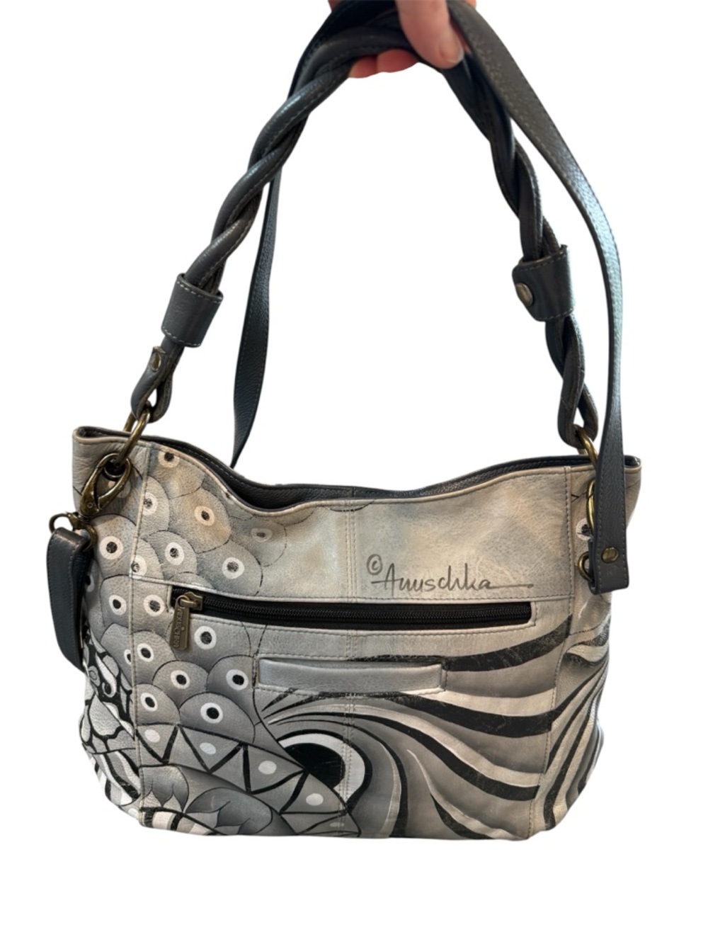 Anuschka Hand Painted Leather Shoulder Bag Purse Large Pewter Gray Black White